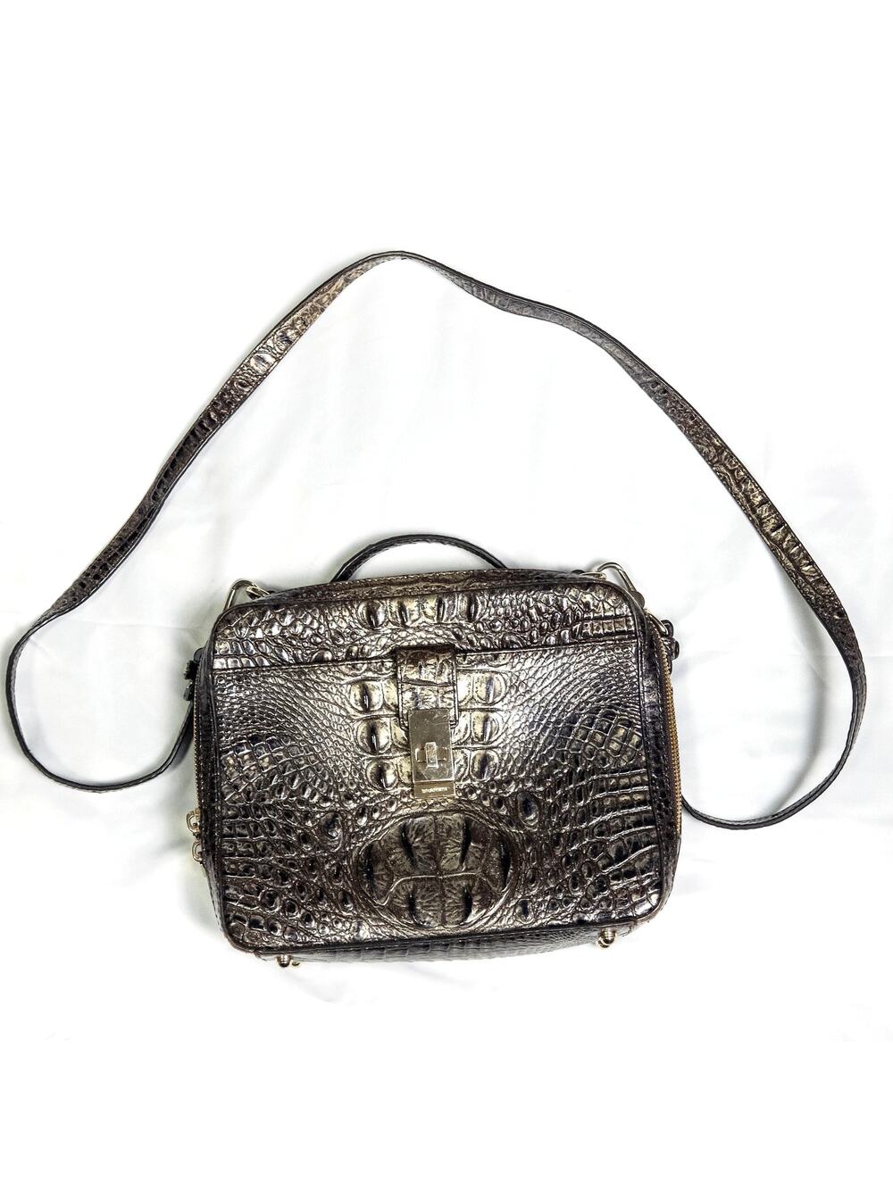Brahmin Evie Snakeskin Embossed Metallic Zip Bag Structured Glam Luxe